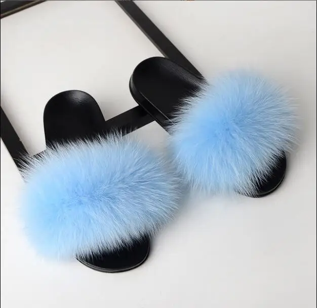Light Blue Женские летние шлепанцы на плоской подошве с лисьим мехом; женские домашние меховые шлепанцы; милые женские шлепанцы с мехом; Модные женские Вьетнамки; женская обувь; Лидер продаж - Цвет: Light Blue