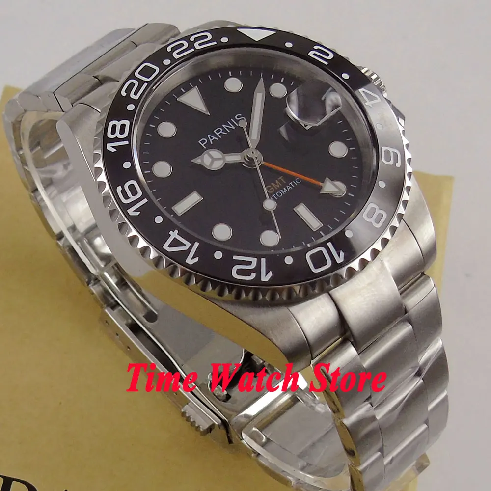 Мужские часы parnis GMT 40 мм сапфировый кристалл Керамическая рамка светящиеся