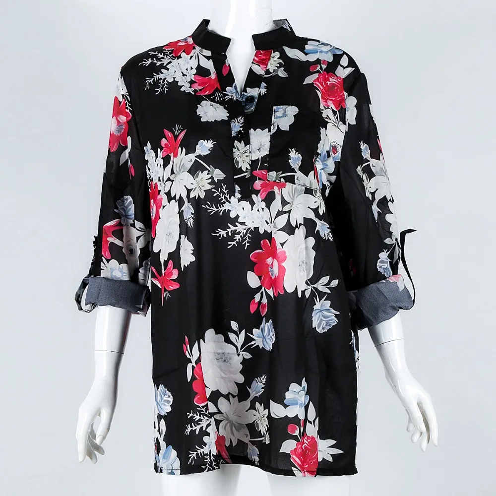 PUSEKY Women Autumn Spring Standing Collar Printed Long Sleeve Chiffon M-5XL |