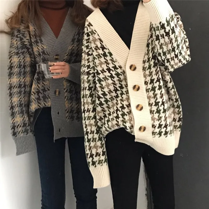

OLGITUM 2019 New Autumn Plaid Cardigans Sweater Women's Long Loose Loose Lazy Wind Knit Jacket Korean Sweater