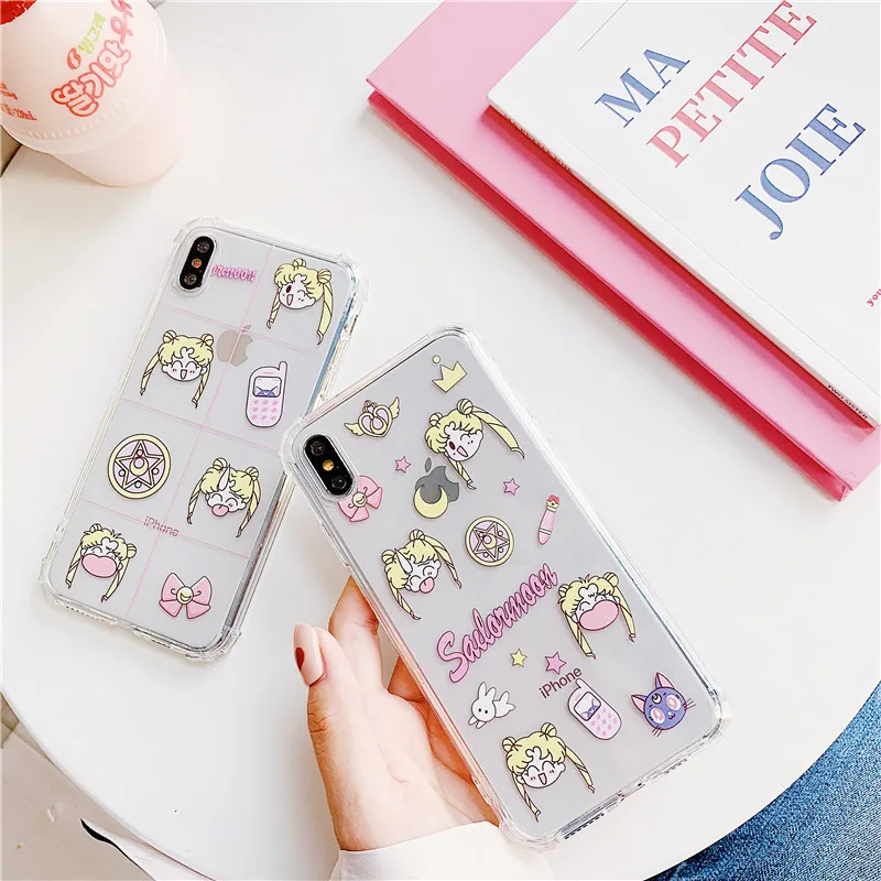 Милый чехол для телефона Sailor moon для девочек iphone 6 6s 7 8 Plus X XS Max XR, уплотненный чехол для телефона с четырьмя уголками
