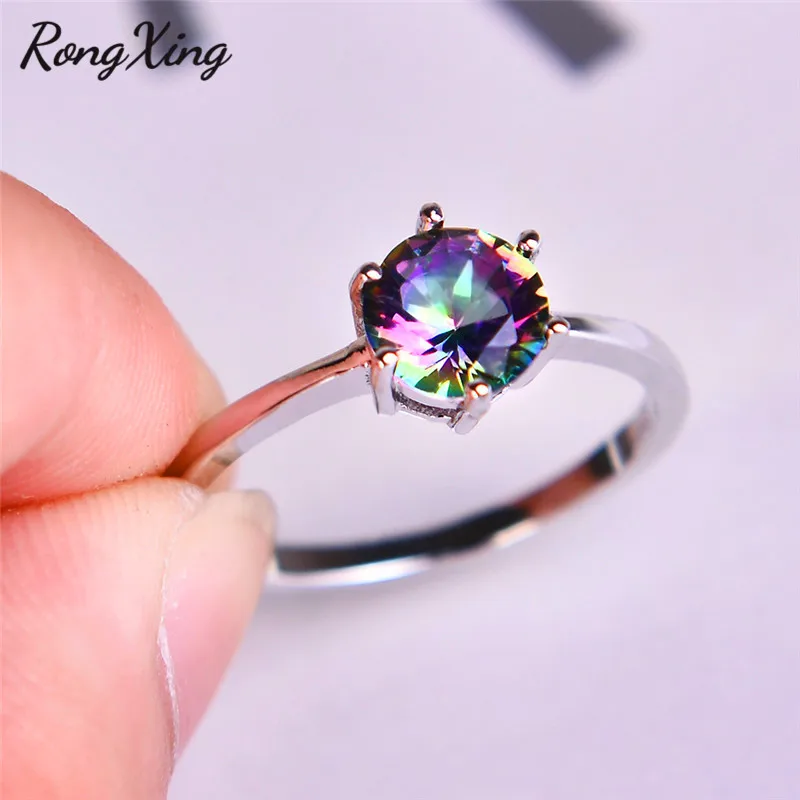 RongXing Мистик огненный Радужный камень кольца для женщин Серебряный цвет