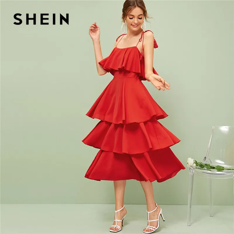 SHEIN летнее платье с кисточками и завязками на плечах, с многослойной оборкой, без рукавов, на бретельках, с высокой талией, для отпуска, бохо, платье миди, женское платье