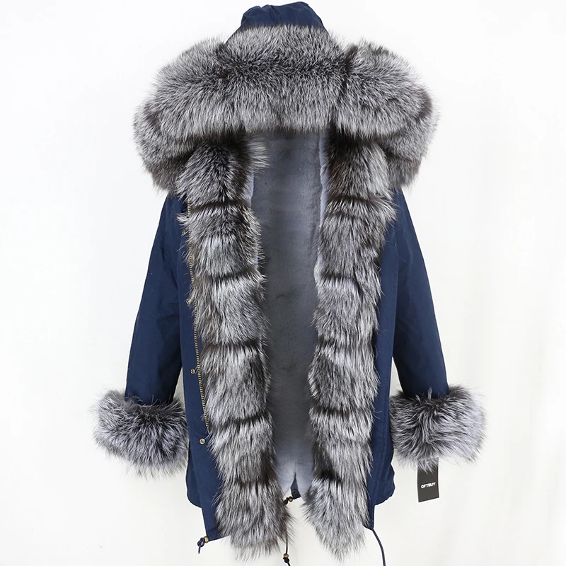 navy silver OFTBUY, зимняя куртка, Женское пальто с натуральным мехом, брендовая Роскошная длинная парка, большой натуральный Лисий мех, уличная одежда, толстая теплая, 3 в 1 размера плюс - Цвет: navy silver