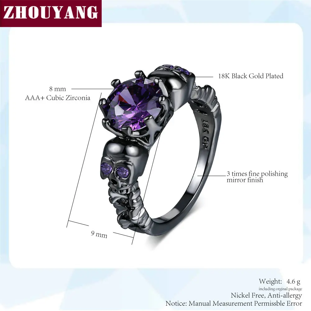 Кольцо ZHOUYANG с черепом для женщин в стиле панк фианитами скелетом черного золота