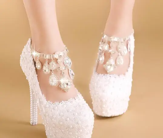 14cm heel BaoYaFang/Новое поступление; белые кружевные свадебные туфли с ремешком на высоком каблуке; женская обувь на платформе; обувь с ремешком на щиколотке - Цвет: 14cm heel