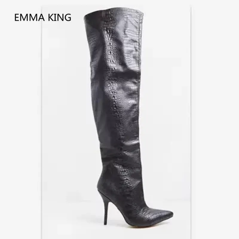 Sexy Pointed Toe Snake Prints Thigh High Boots Women's Slip On Party Heels Shoes Woman Over The Knee Stilettos Heel | Обувь