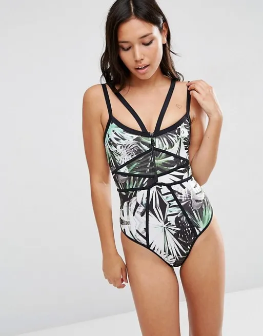Женский слитный купальник с принтом в виде банановых листьев бандажный высоким