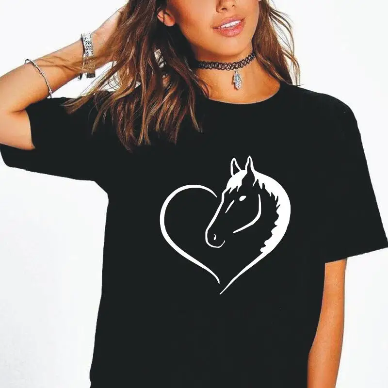 Мода лошадь футболка с принтом женские топы Короткий рукав О до образный вырез