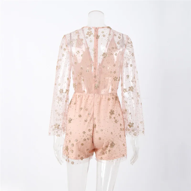 Parthea перспектива сетки Комбинезоны спинки Шорты блесток Flare рукавом секс Для