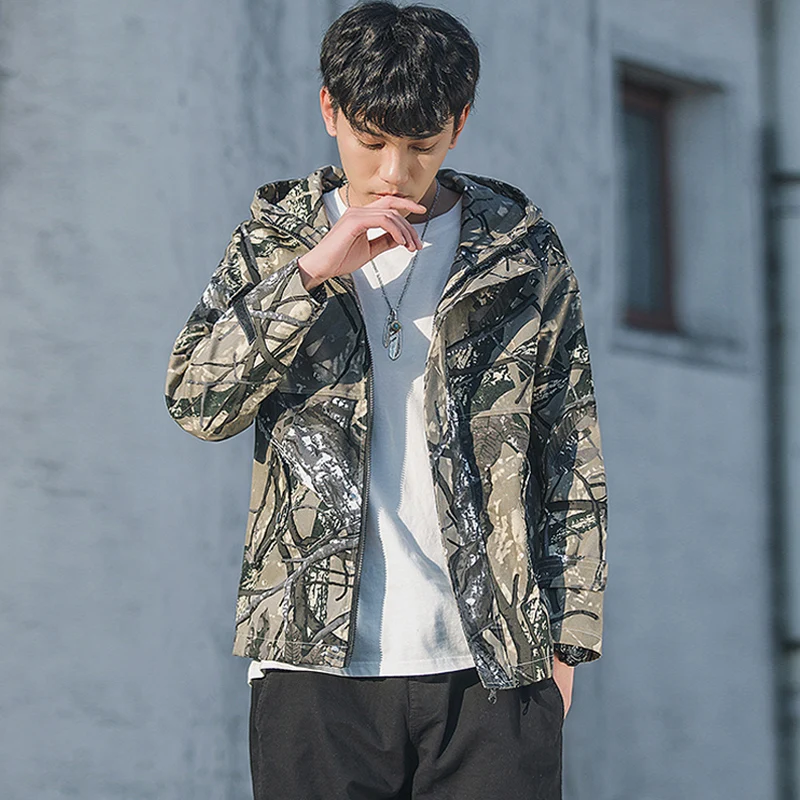 

Spring New Mens Camouflage Thin Coat Loose Printing Hooded Jacket Outwear