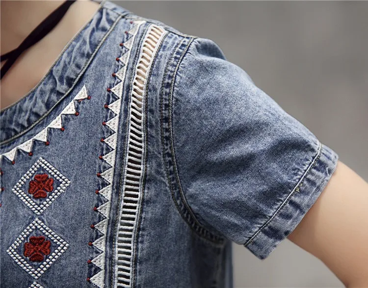 2019 платье из джинсовой ткани с вышивкой в винтажном стиле Мягкие повседневное