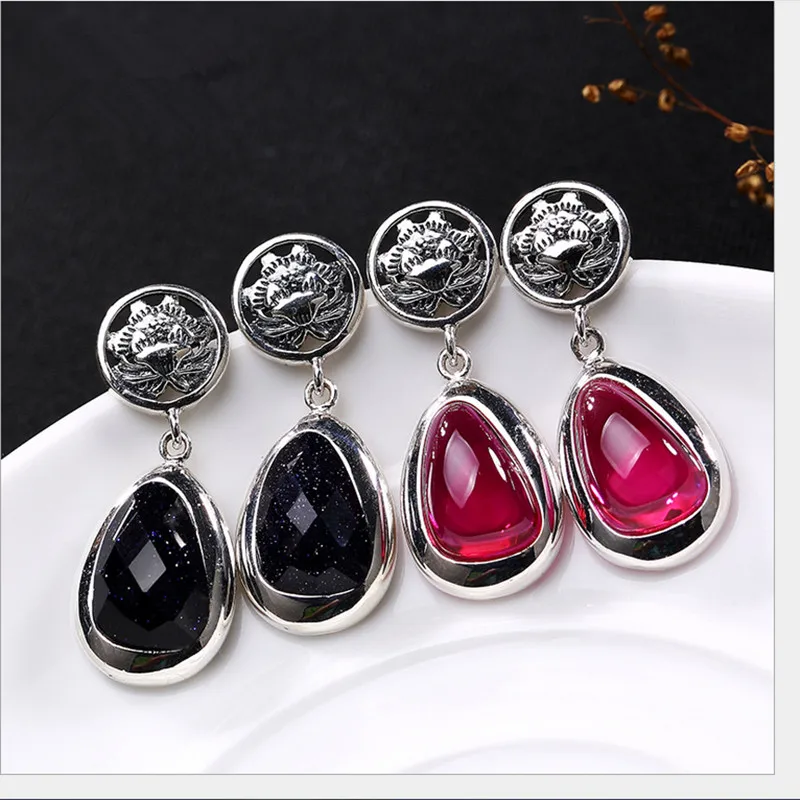 

Uglyless Real 925 Sterling Silver Nature Red Corundum Waterdrop Drop Earrings for Women Luxury Dress Brincos Hollow Lotus Bijoux