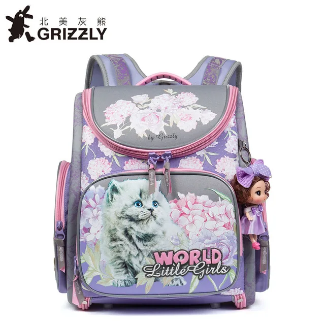 Детские ортопедические рюкзаки GRIZZLY, Водонепроницаемый Школьный рюкзак, высококачественные нейлоновые школьные сумки, Детские эргономичные дизайнерские сумки для книг для девочек - Цвет: Золотой