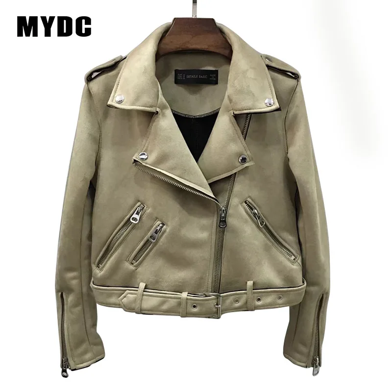 Армейский зеленый MYDC кожаная куртка, модная, однотонная, короткая, тонкая, длинный рукав, пальто, для женщин, на молнии, пальто, с карманами, верхняя одежда, уличная одежда, новая мода - Цвет: Армейский зеленый