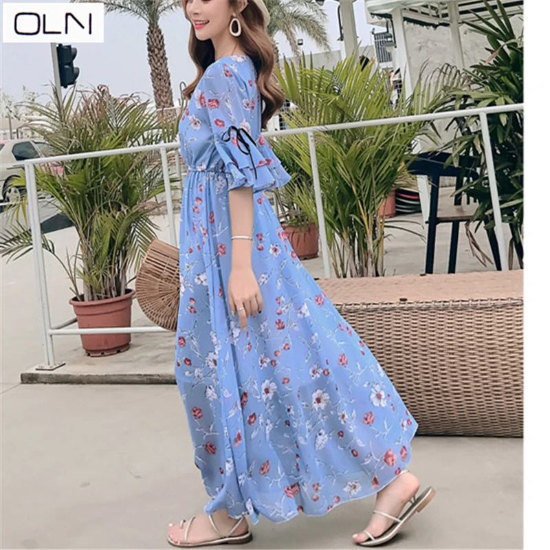 Korean beach dress seaside holiday dress bohemian long dress large swing long floral chiffon dress