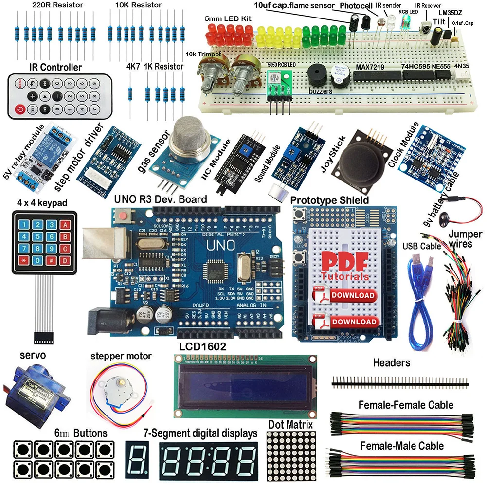 Высокое качество Ultimate UNO Starter Kit для Arduino R3 клавиатуры LCD1602 RTC Серводвигатель газ
