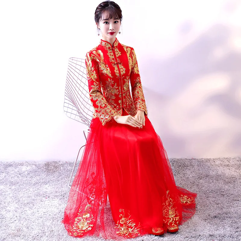 Праздничное платье Ципао с красной вышивкой длинное традиционное китайское