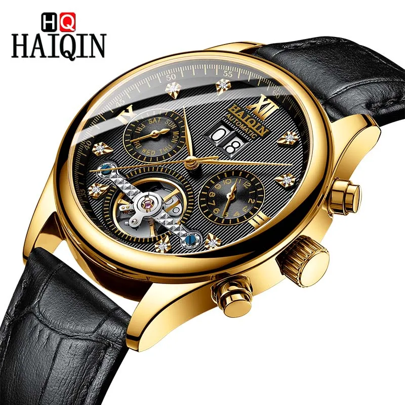 Gold Black L HAIQIN мужские часы новые роскошные золотые деловые машины/Досуг/автоматический/водонепроницаемый/нержавеющая сталь/часы для мужчин - Цвет: Gold Black L