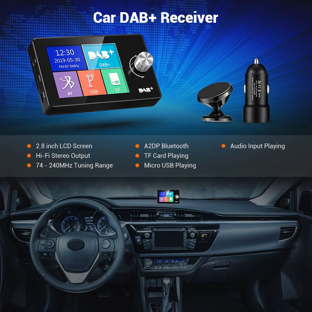 2 8 ''автомобильный DAB + приемник USB 5V LCD тюнер Bluetooth FM радио аудио вход TF с 3M
