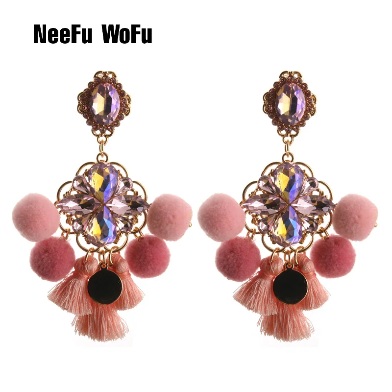 Серьги подвески NeeFu WoFu с шариками большие серьги кристаллами и кисточками медные