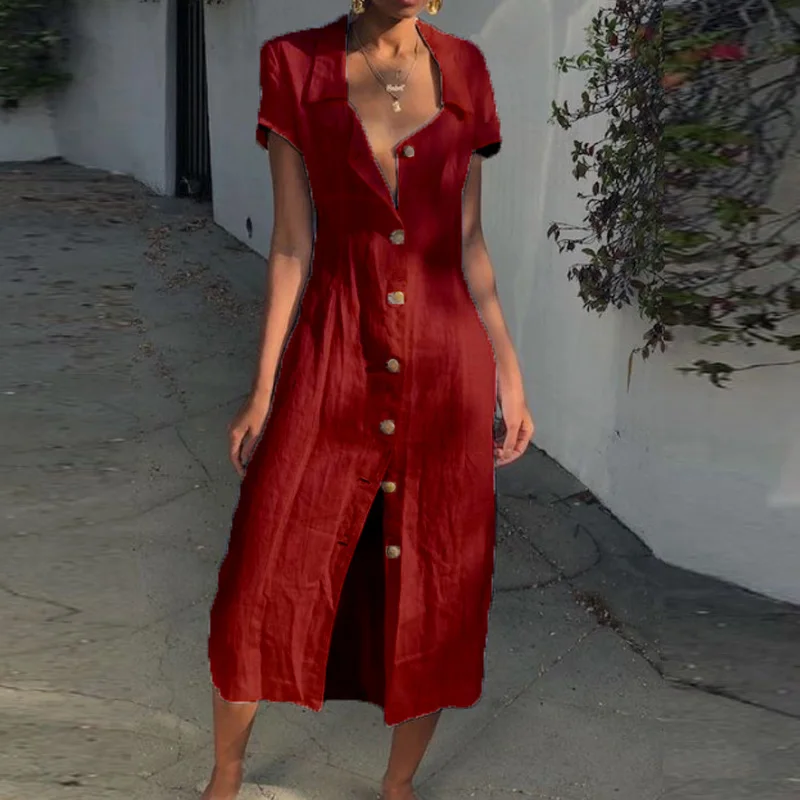 ELSVIOS Vestido Women's Solid Short Sleeve Casual Loose V-Neck Button Split Hem Long Dress Spring Summer Women Shirt Dresses 3XL | Женская