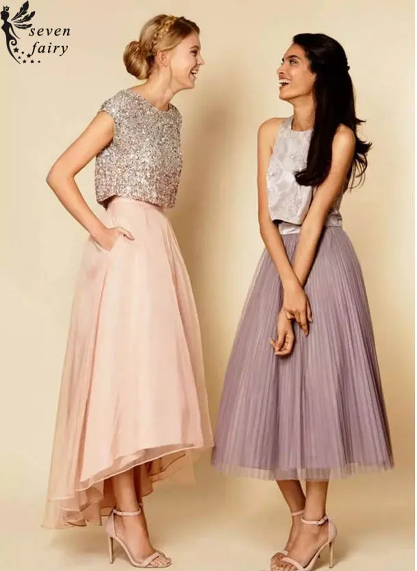 2017 Sparkly Два Куска Коралловые Платья Невесты Линии Шифон Привет Lo Дешевые Короткие