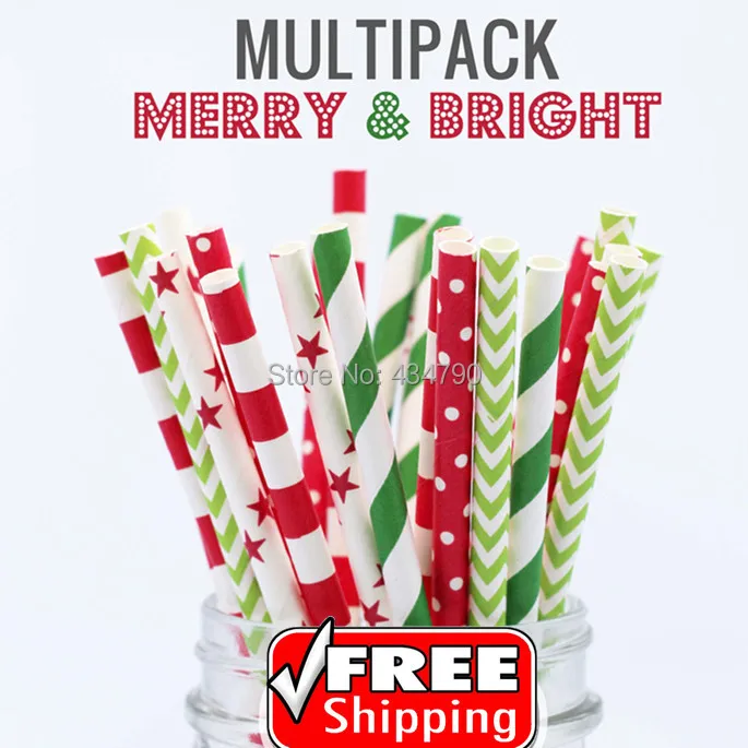 

250 Pcs Mix 5 Designs MERRY & BRIGHT Christmas Paper Straws, Kelly Green,Lime,Red, Striped,Chevron,Swiss Dot,Sailor Stripe,Star