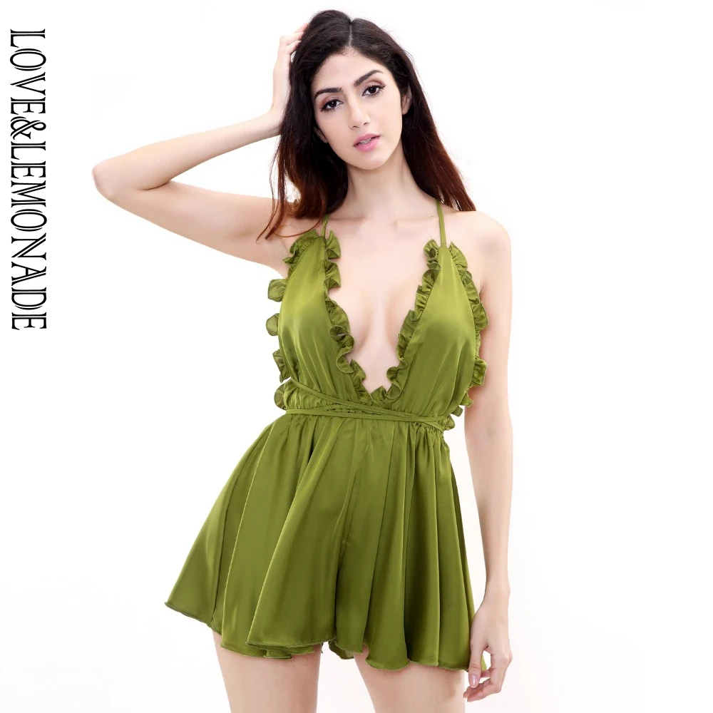 Love& Lemonade зеленый гофрированный комбинезон с треугольным вырезом TB 9029