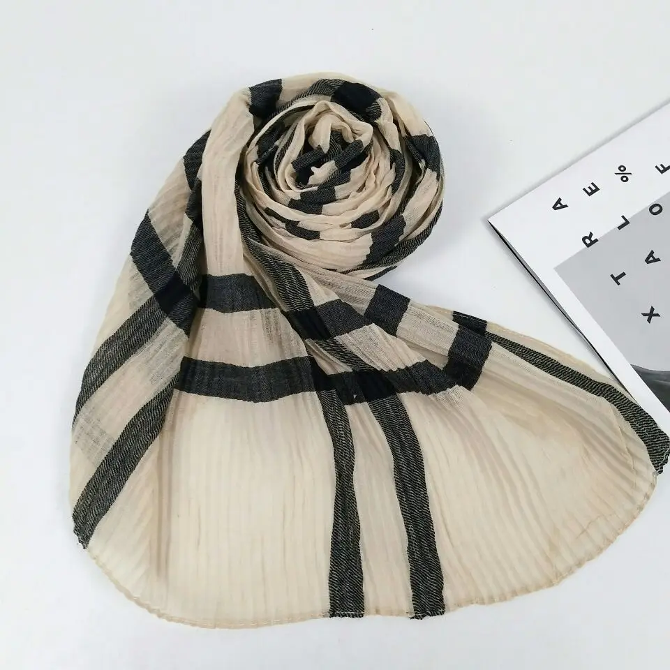 K23 Высококачественная в полоску crinkle вискоза хиджаб шаль на голову шарфы для