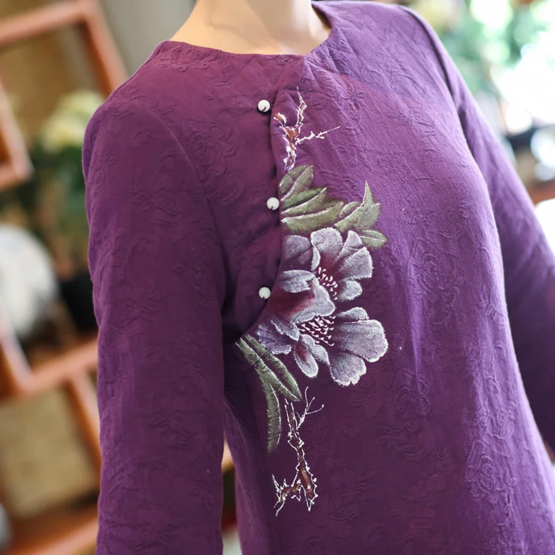 Tradition chinese style round collar only purple hand-decorated flowers winter-autumn women dresses tea cotton clothes | Женская одежда