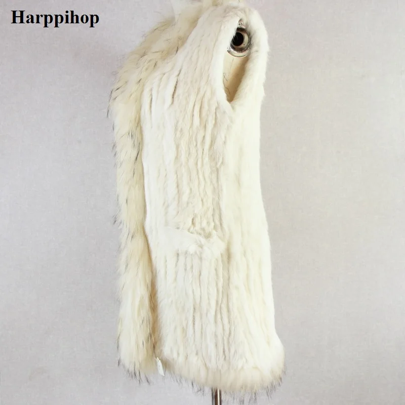 2019 Real rabbit fur vest Women knitted genuine raccoon  fur vest  overcoat pocket garment & raccoon collar without hood