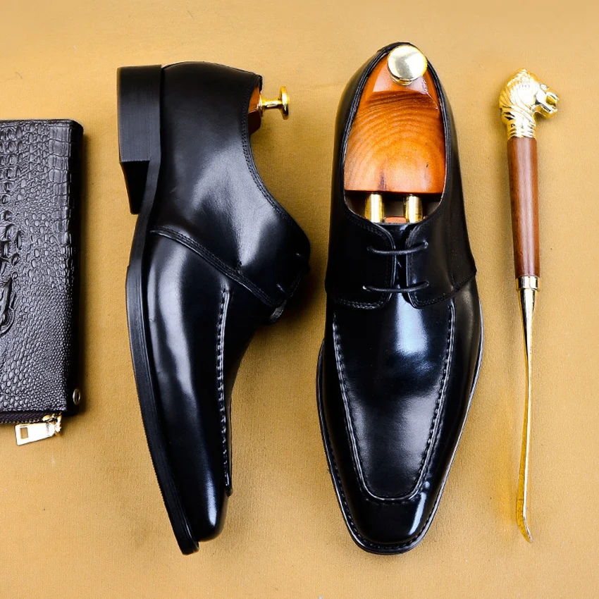 

New Arrival Genuine Leather Formal Men's Derby Wedding Shoes Square Toe Lace Up Handmade Office Party Footwear For Male AS140