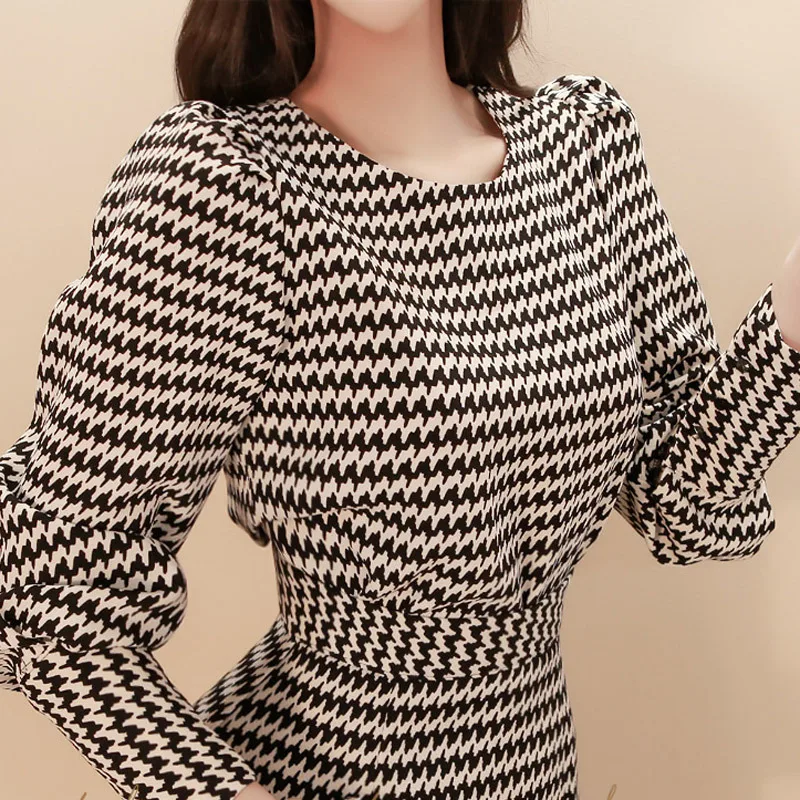 Ellacey Houndstooth Festival Mermaid Skirt Suit Ruffles Women's Sets Puff Sleeve 2 Piece Ladies Plaid Formal Party Dress | Женская