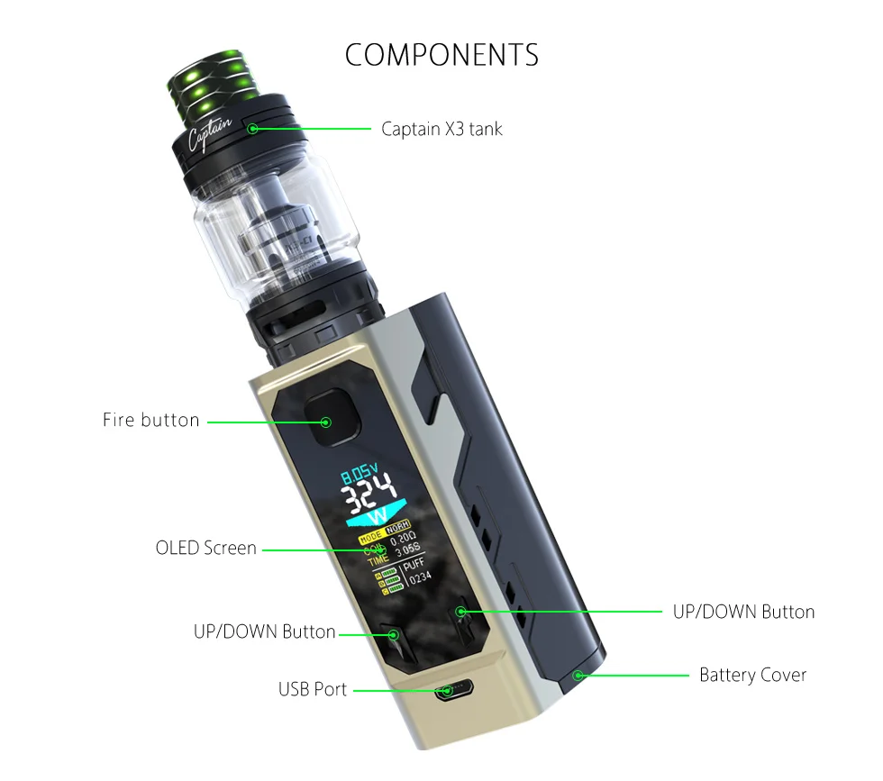 IJOY/Капитан X3 комплект 324 Вт Vape с 8 мл капитан Subohm бак C1 C3 катушки 3 радость 20700