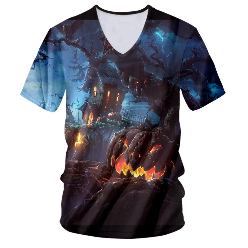UJWI Halloween Forest Terror Castle Ghost Men's V Neck Tshirt 3D Printed Big Mouth Flame Pumpkin Man Large Size T-shirt 6XL | Мужская
