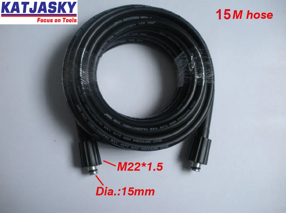 

Шланг для мойки автомобиля 15 м 400 бар 5800PSI, два концов M22 * 1,5*15 мм, шланг для мойки высокого давления с распылителем воды