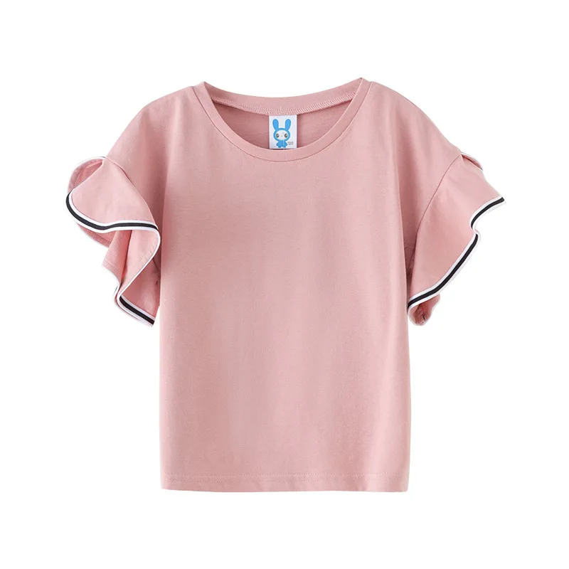 Pink Большой футболка для девочек летние дети рюшами рукава футболки модные детские розовый желтый Топы для Одежда для девочек 5 на возраст 6, 8, 10, 12 лет 14 лет - Цвет: Pink