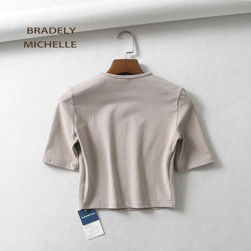 BRADELY MICHELLE женские топы Сексуальная Женская однотонная эластичная блузка из чистого хлопка с круглым вырезом и рукавом средней длины