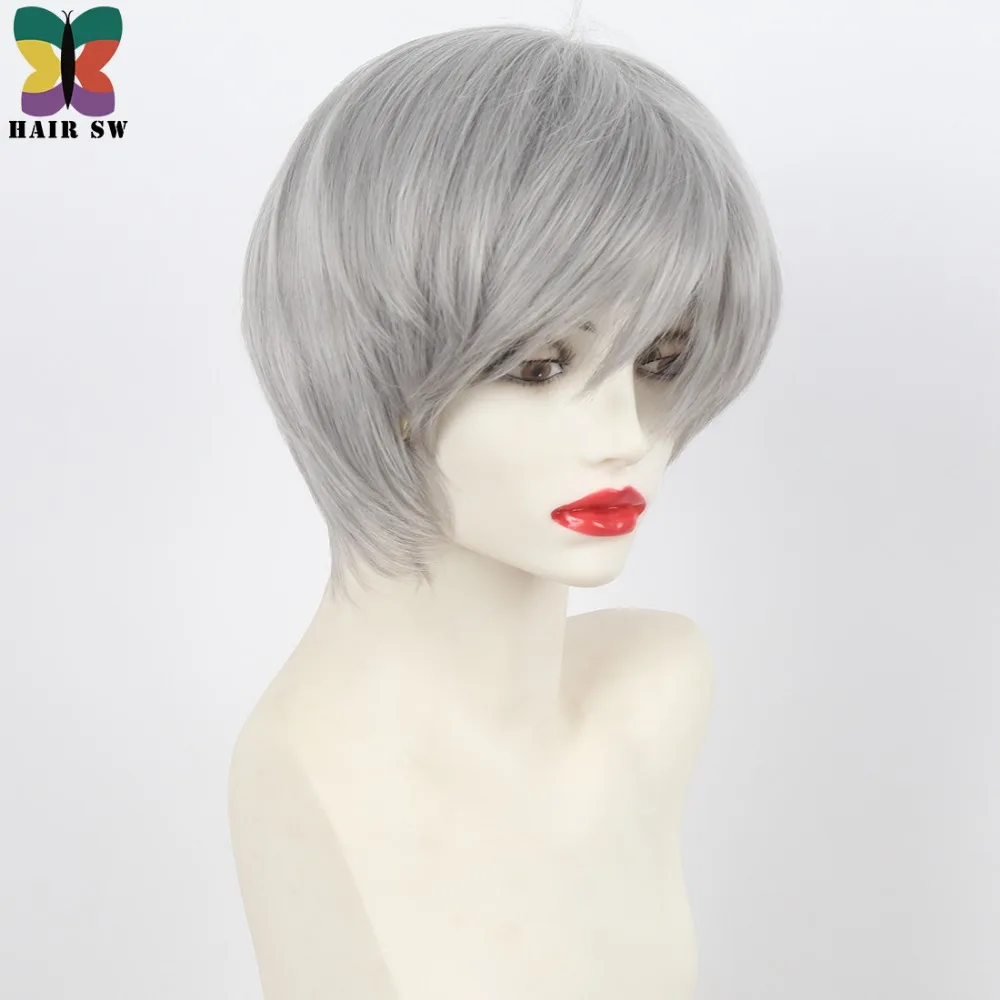 Короткий прямой серый парик из синтетических волос SW Стрижка классика полный для