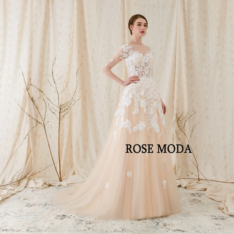 Розовое Moda французское кружевное свадебное платье с длинными рукавами бежевый свадебный наряд с белые кружева с аппликацией реальные фотографии