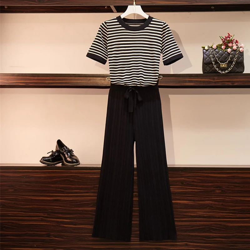 ALPHALMODA Женская Полосатая трикотажная футболка топ + Широкие трикотажные брюки