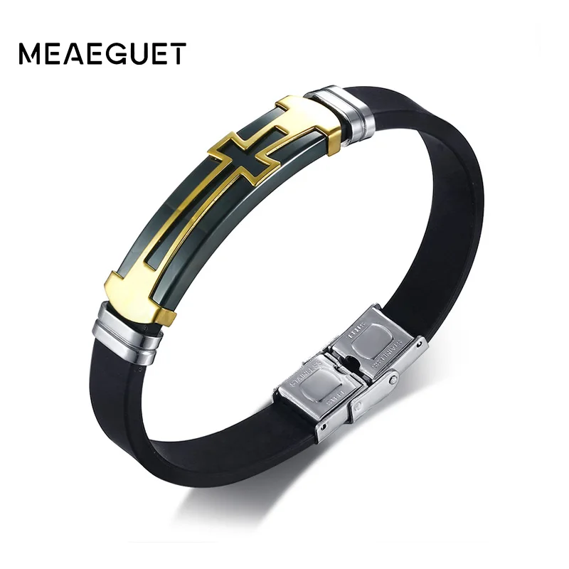 Meaeguet нержавеющая сталь крест символ браслет для мужчин Высокое качество Черный резиновый силиконовый Браслет Религиозные ювелирные изделия