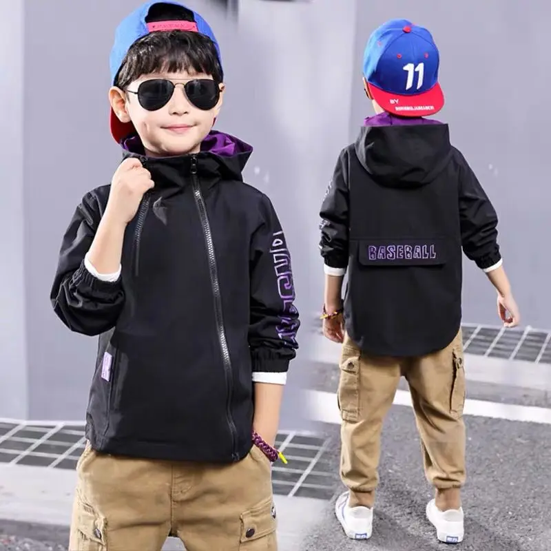 black jackets Демисезонные пальто для мальчиков тонкие куртки для мальчиков детская одежда в Корейском стиле куртки с капюшоном для мальчиков ростом от 100 до 160 см - Цвет: black jackets