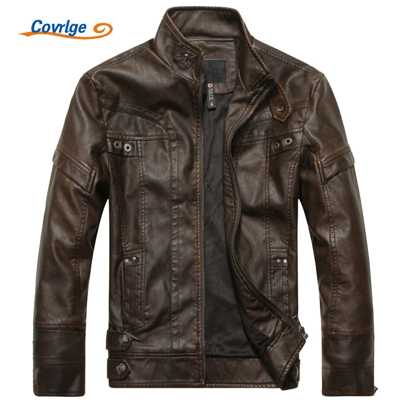Covrlge Men's Leather Jacket 2017 Winter Slim Fashion Mens Solid PU Jackets Brand Clothing Male Stand Motorcycle Jacket MWP001