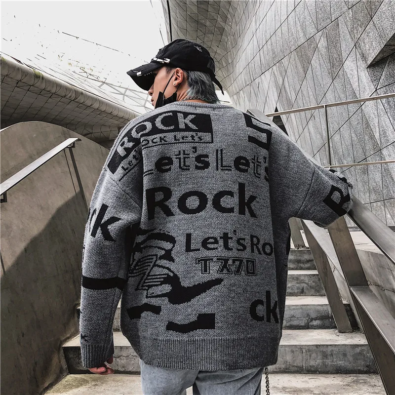 Dark Icon Letter Round Neck Hip Hop Sweater Men Autumn Winter Pullover Men’s Sweaters Loose Sweater Men