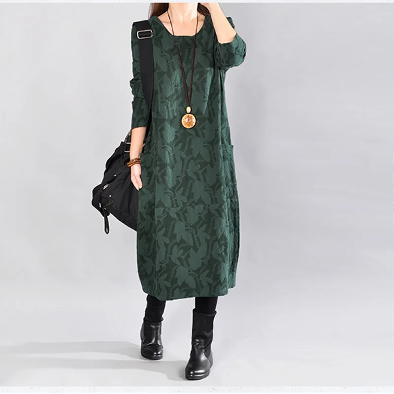 

Retro/Women Cotton Linen Dress Print Floral Women Clothes 2018 Autumn New Long Sleeve Casual Pockets Robes O-Neck