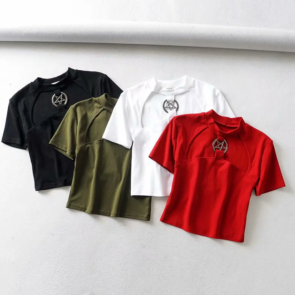 Женская футболка с пентаграммой облегающая хлопковая Футболка вырезом короткие