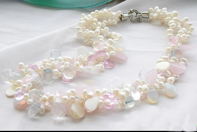Precio Joyería De Perlas De Moda Para Mujer, Collar De Goteo De ópalo De Cristal Rosa Perla De Agua Dulce De Color Blanco De 3 Filas De 18 Pulgadas, Nuevo Envío Gratis