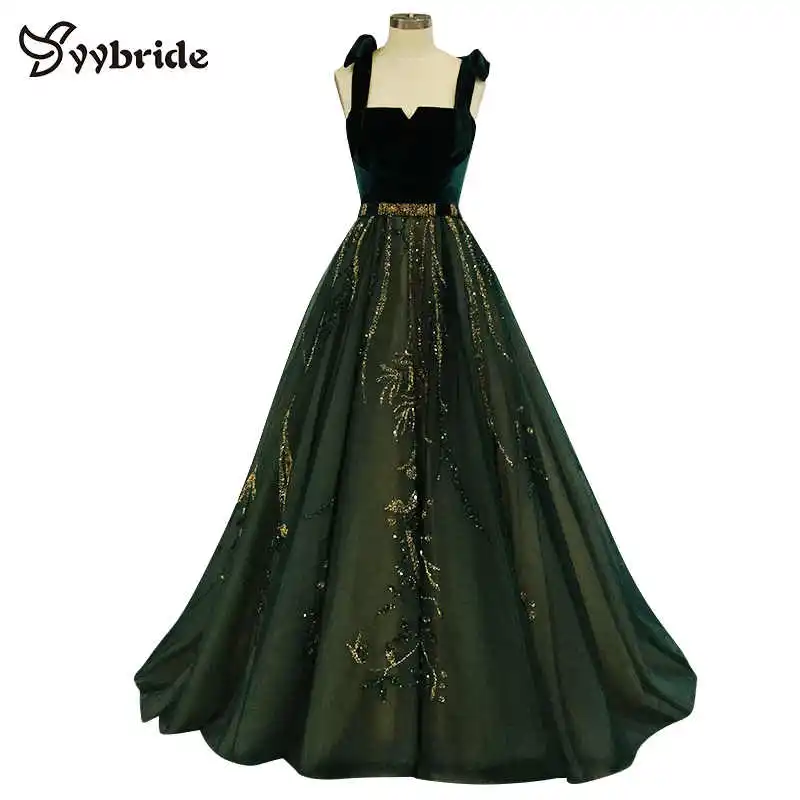 Boat-Neck темно-зеленый велюровый Длинные Вечерние Платья vestidos de fiesta largos elegantes de gala линии Спагетти ремень платья для выпускного вечера - Цвет: Зеленый